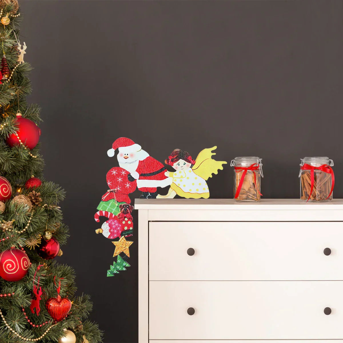 DecorBites™ Christmas Door Frame Decor Set - Festive Wooden Xmas Pendants & Merry Santa Claus Stickers