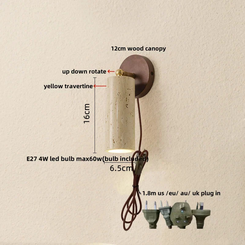 DecorBites™ LED Wall Sconce Iron Rotate Kitchen Bedroom Hallway Yellow Travertine Wood Mirror Light