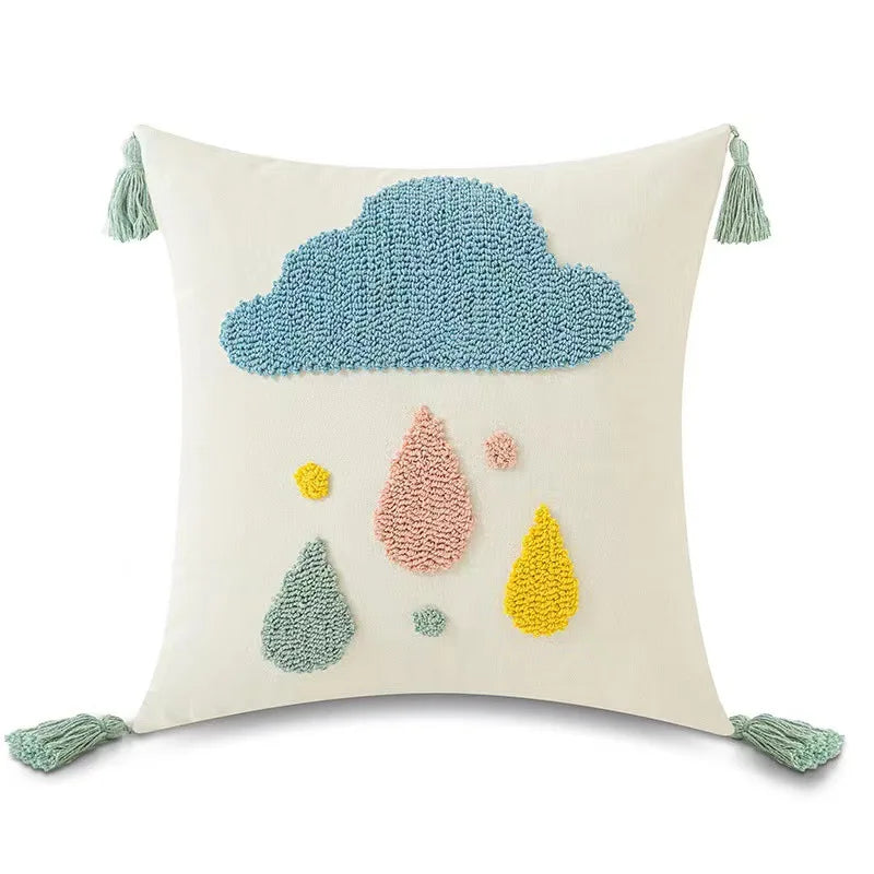 DecorBites™ Boho Yellow Rainbow Star Moon Embroidery Pillow Cover 45x45cm with Tassels
