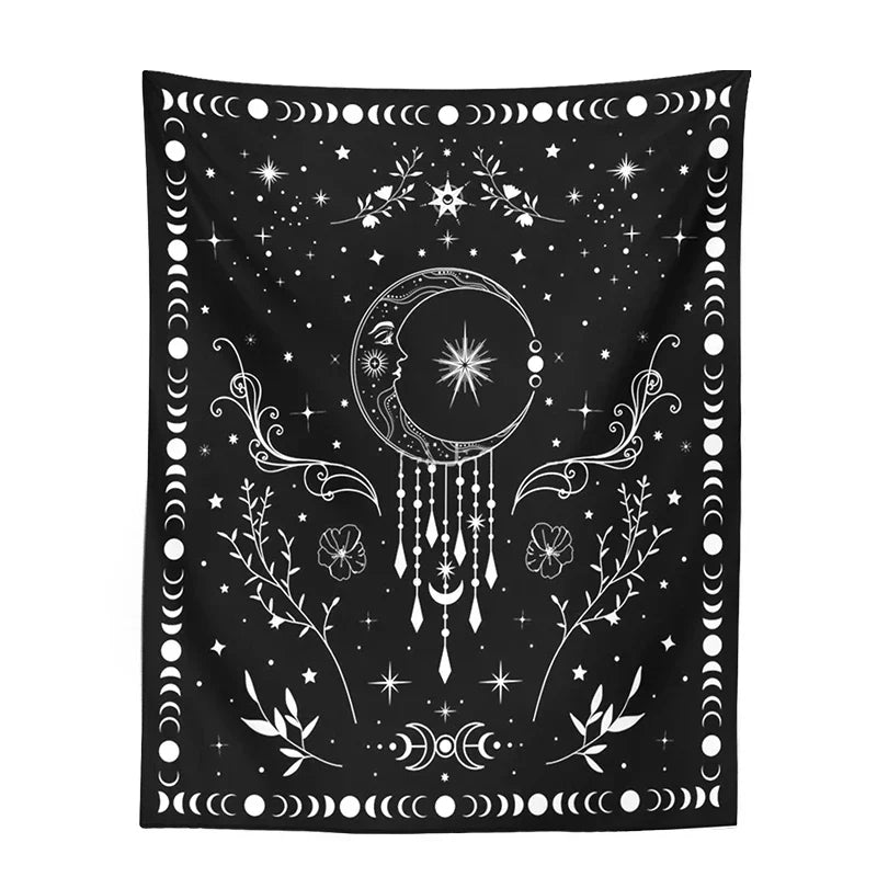 DecorBites™ Celestial Moon Phase Tapestry with Floral Accents
