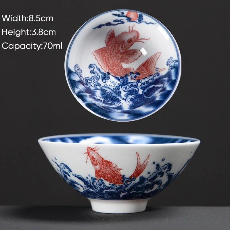 DecorBites™ Blue & White Ceramic Kung Fu Tea Cup - Japanese Style Porcelain Sake Cups