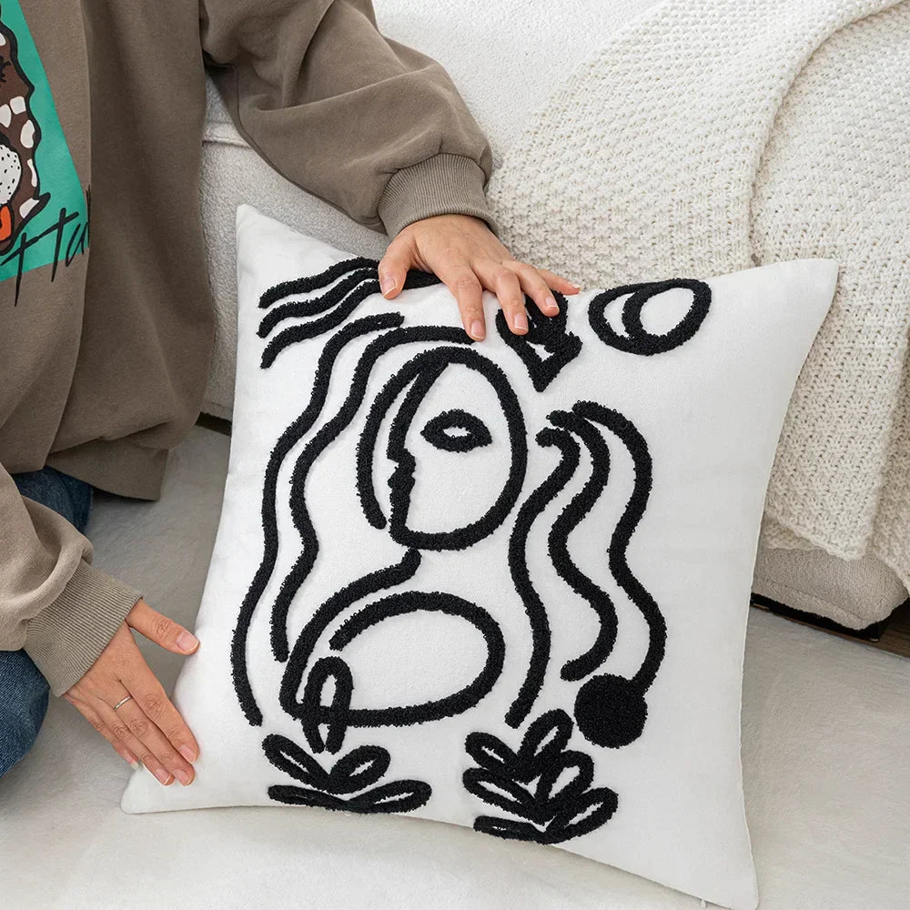 DecorBites™ Abstract Art Line Cushion Cover Plush Embroidered Pillowcase