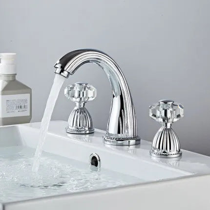 DecorBites™ Gold Crystal Handle Basin Faucet, 3 Hole Widespread Bathroom Sink Tap