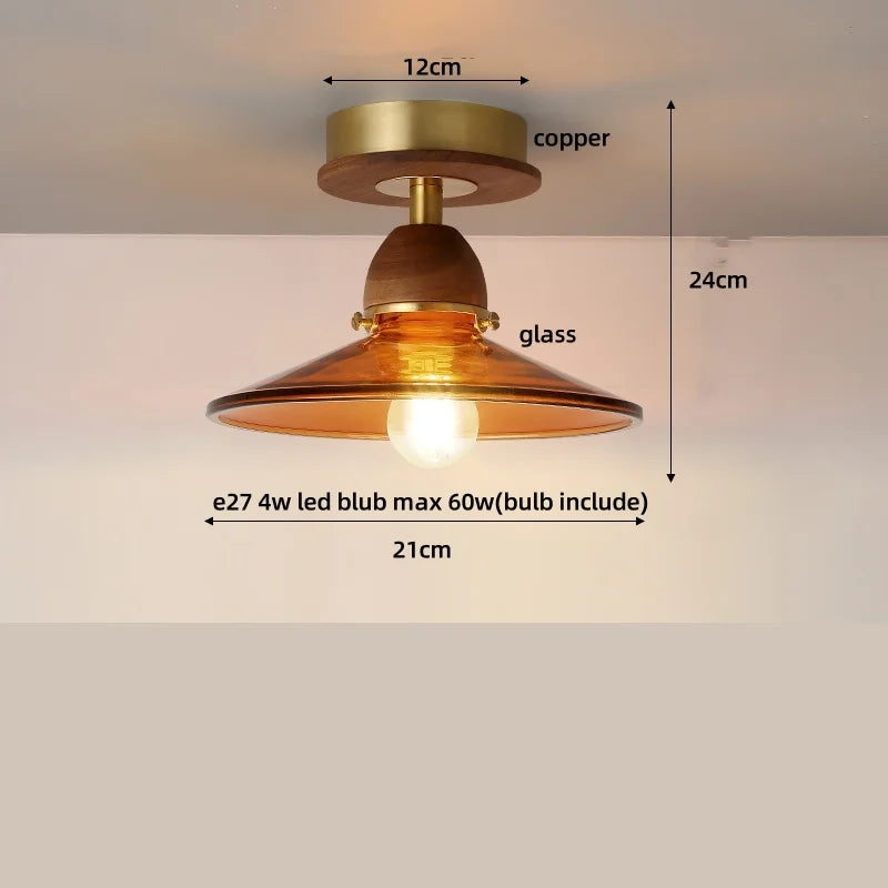 DecorBites™ Wood Copper LED Ceiling Light Amber Glass Plafond Lamp