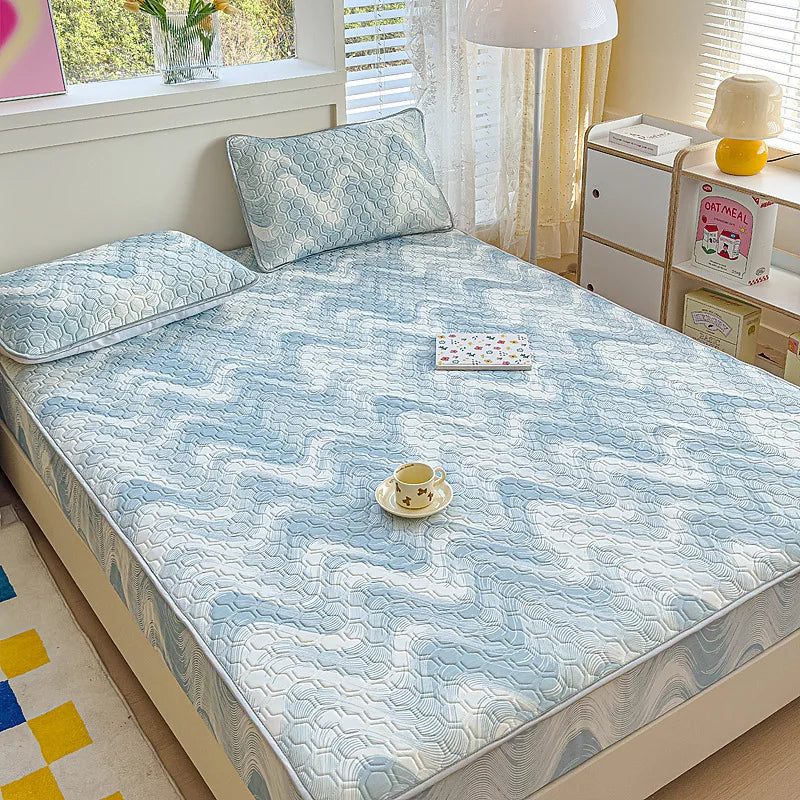 DecorBites™ Cool Silk Latex Fitted Sheet Set with Pillowcases, Summer Ice Silk, Single Double Bed