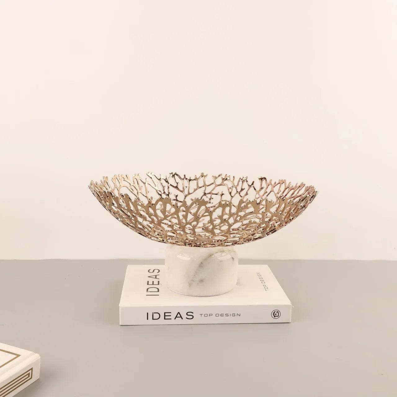 DecorBites™ Coral Disc Pedestal | Metal Tray Marble Base Fruit Plate Gold Compote
