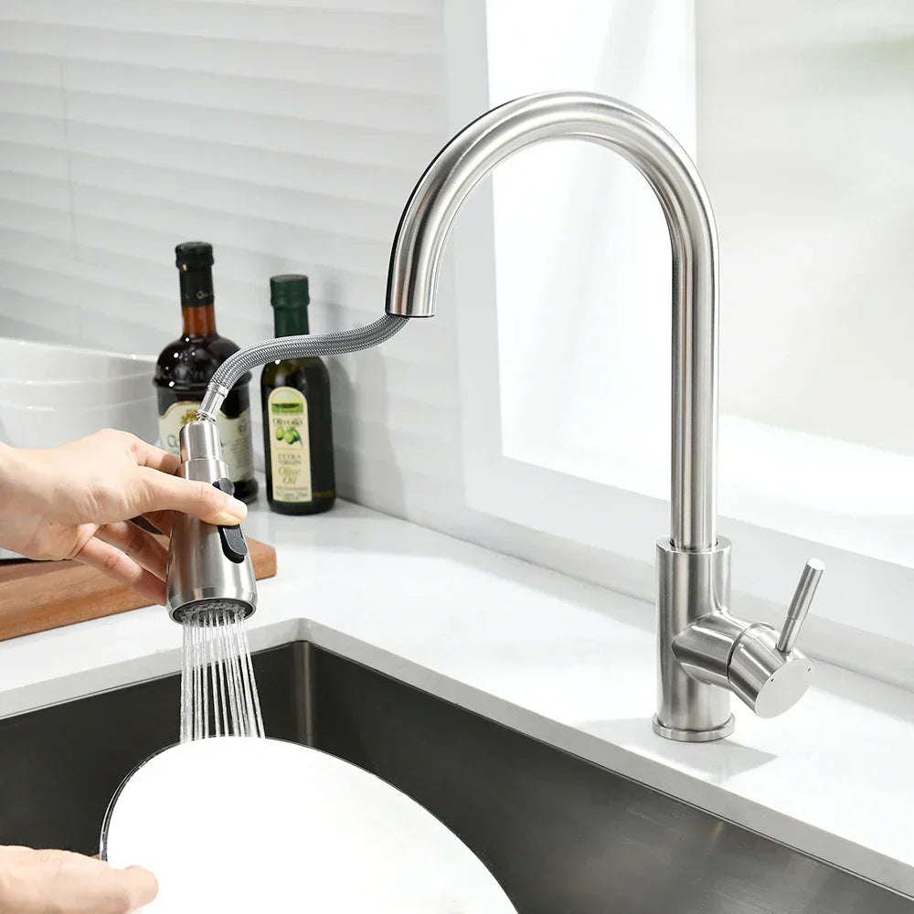 DecorBites™ Brushed Nickel Pull Out Kitchen Faucet with Stream Sprayer Head