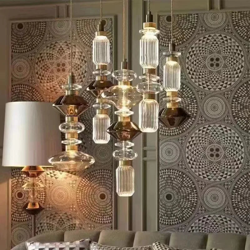 DecorBites™ LED Glass Chandelier: Clear Amber Glass, Adjustable Wire 200cm, Modern Lighting Fixtures