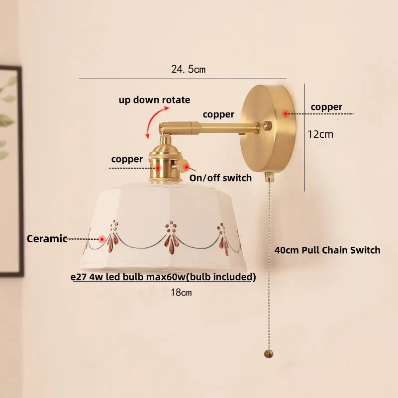 DecorBites™ Ceramic LED Wall Lamps Pull Chain Switch Rotate Copper Vanity Light
