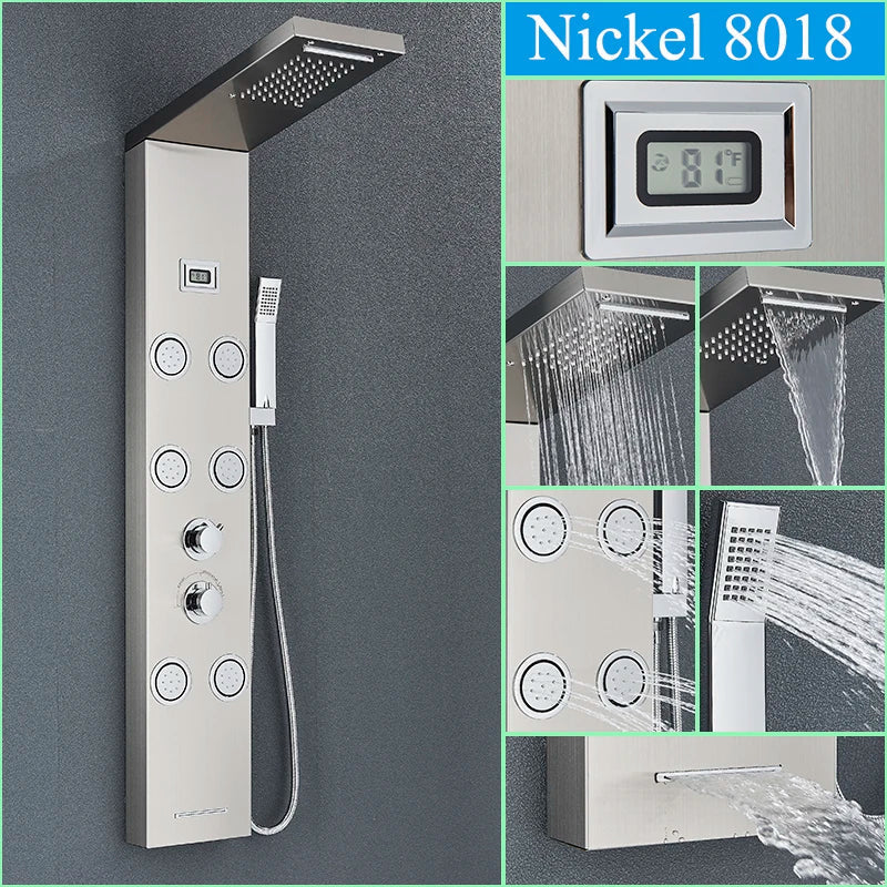 DecorBites™ Black Shower Panel Column Wall Mount Rainfall Waterfall Faucet Hot Cold Mixer Tap