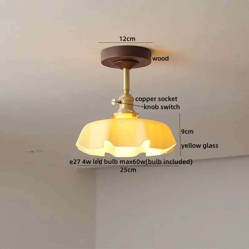 DecorBites™ Amber Glass LED Ceiling Light Modern Wood Canopy Kids Room Fixture