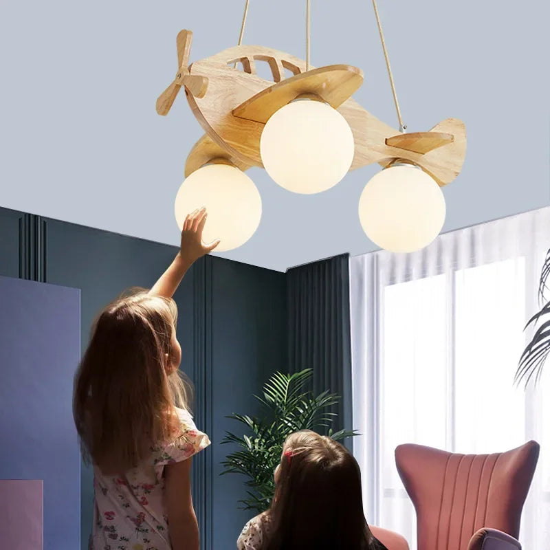 DecorBites™ Kids Wood Airplane Chandelier LED Nursery Aircraft Suspension Lights