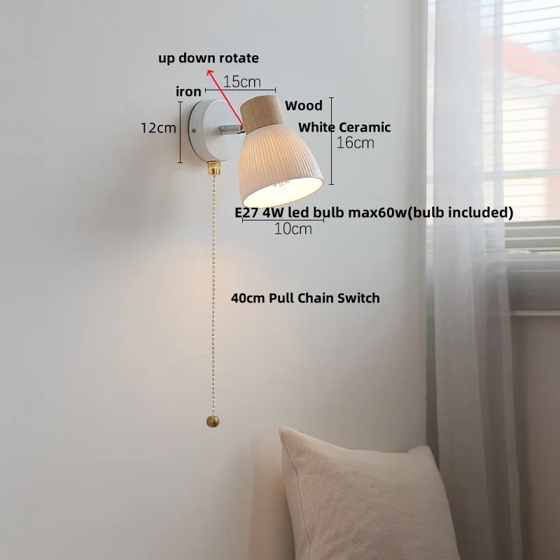 DecorBites™ Ceramic LED Wall Lights with Pull Chain Switch, Modern Wood Base Bedside Lamp