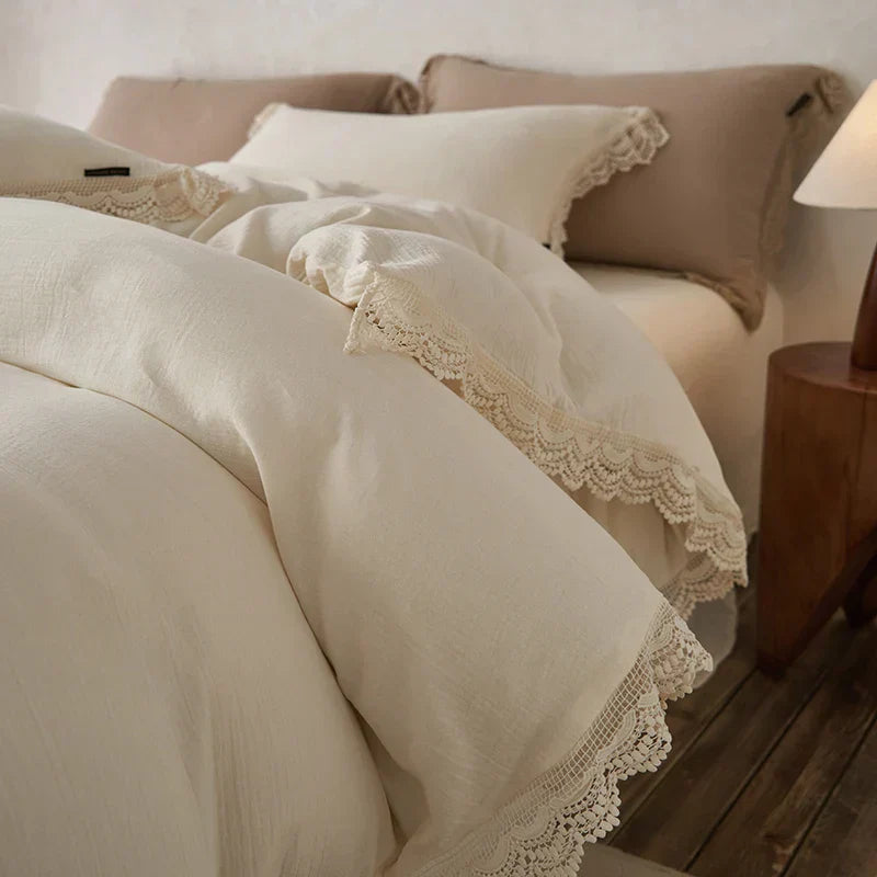 DecorBites™ Lace Edge Cotton Bedding Set for Soft Skin with Duvet, Sheets, and Pillowcases