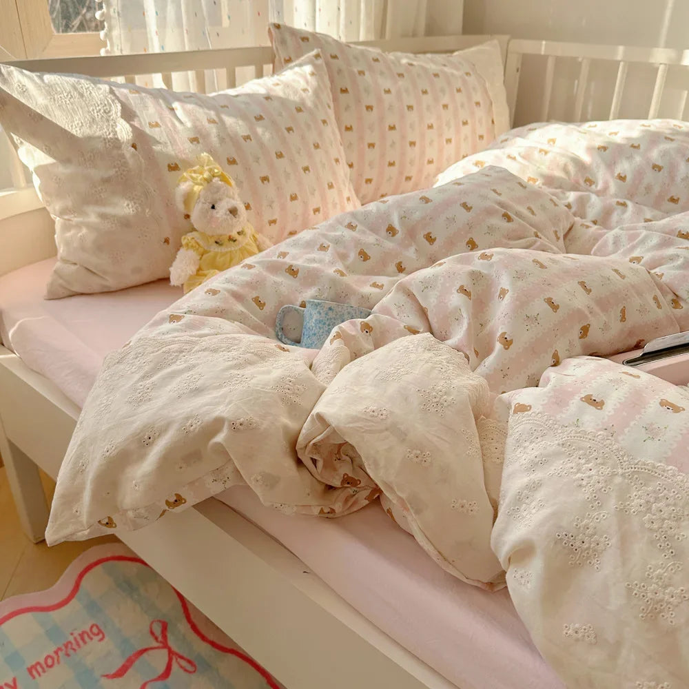 DecorBites™ Lace Duvet Cover Bedding Set 4Pcs French Washed Cotton for Single Double Bed