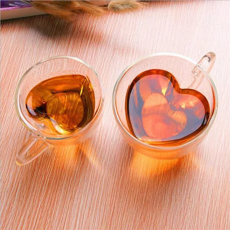 DecorBites™ Heart Love Double Wall Glass Mug with Handle for Coffee Tea Milk Juice