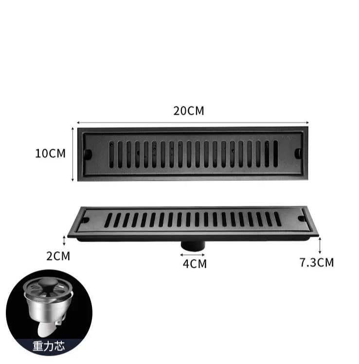 DecorBites™ Black 304 Stainless Steel Strip Floor Drain for Toilet, Shower, Large Overflow