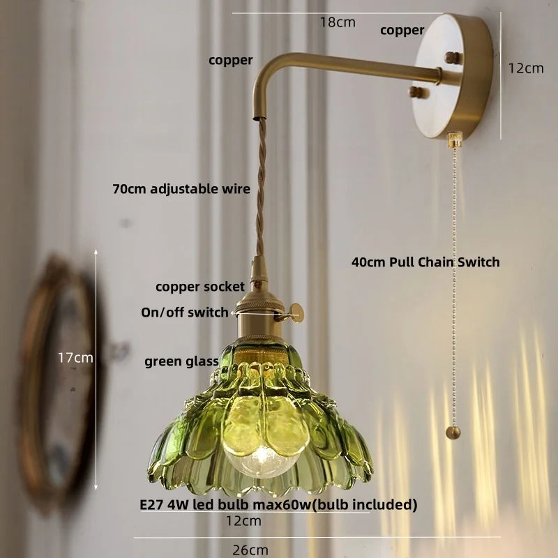DecorBites™ Amber Glass LED Wall Light Pull Chain Switch Modern Flower Sconce
