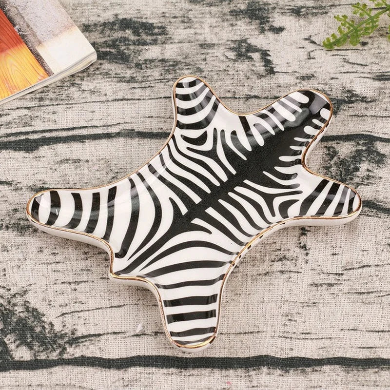 DecorBites™ Gold Tiger Skin Ceramic Plate Zebra Dish Jewelry Holder Tray