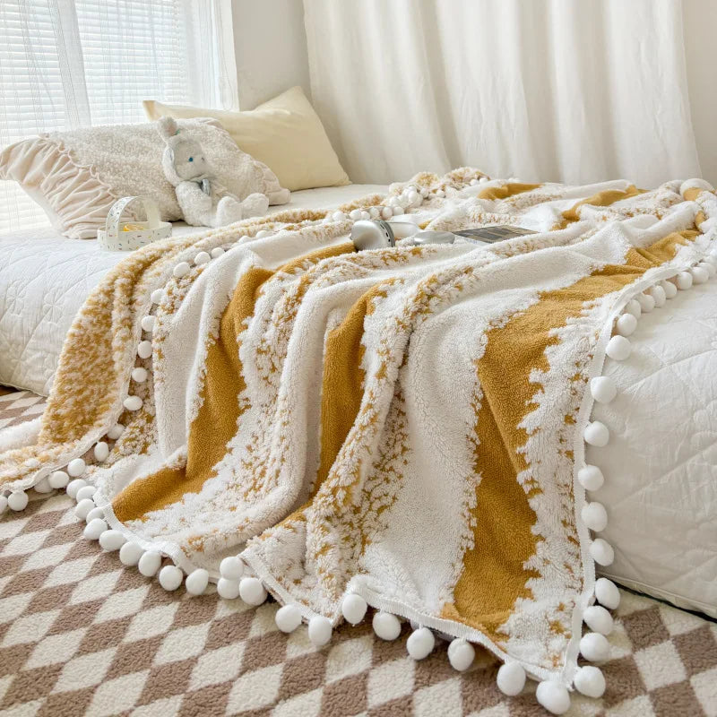 DecorBites™ Jacquard Fluffy Ball Lace Blanket | Double Sided Fluff Warm Sofa Cover