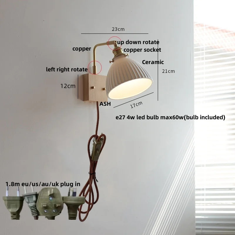 DecorBites™ Globe Ceramic Walnut Wood Wall Light with Pull Chain Switch and Rotatable Design