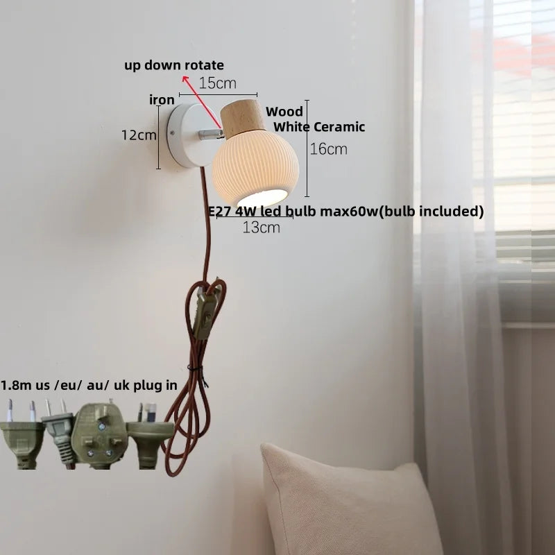 DecorBites™ Ceramic LED Wall Lights with Pull Chain Switch, Modern Wood Base Bedside Lamp