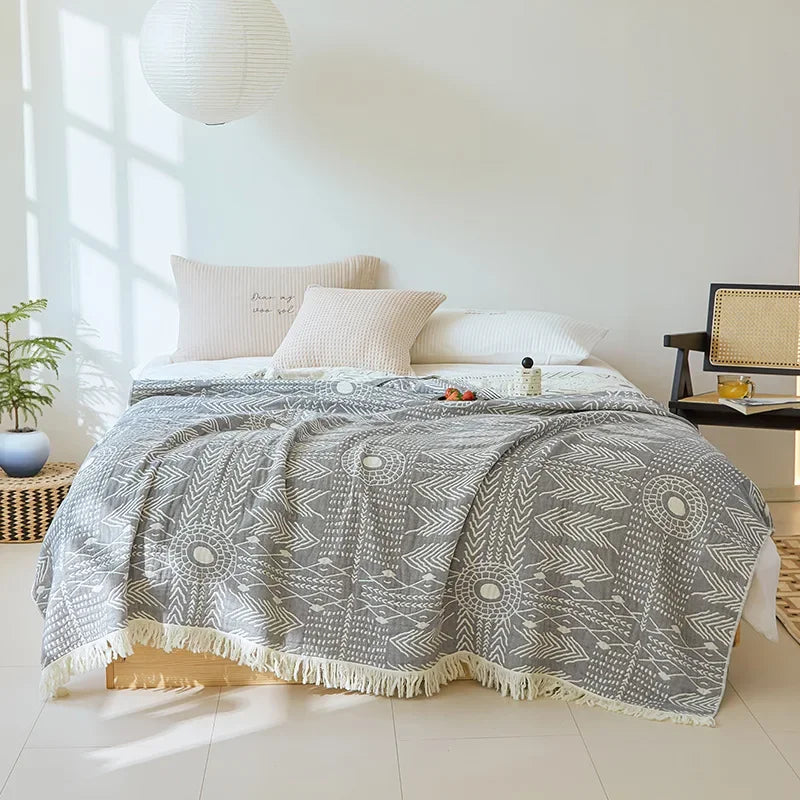 DecorBites™ Bohemian Cotton Throw Blanket - Four Layer Gauze Bedspread with Tassel Detail