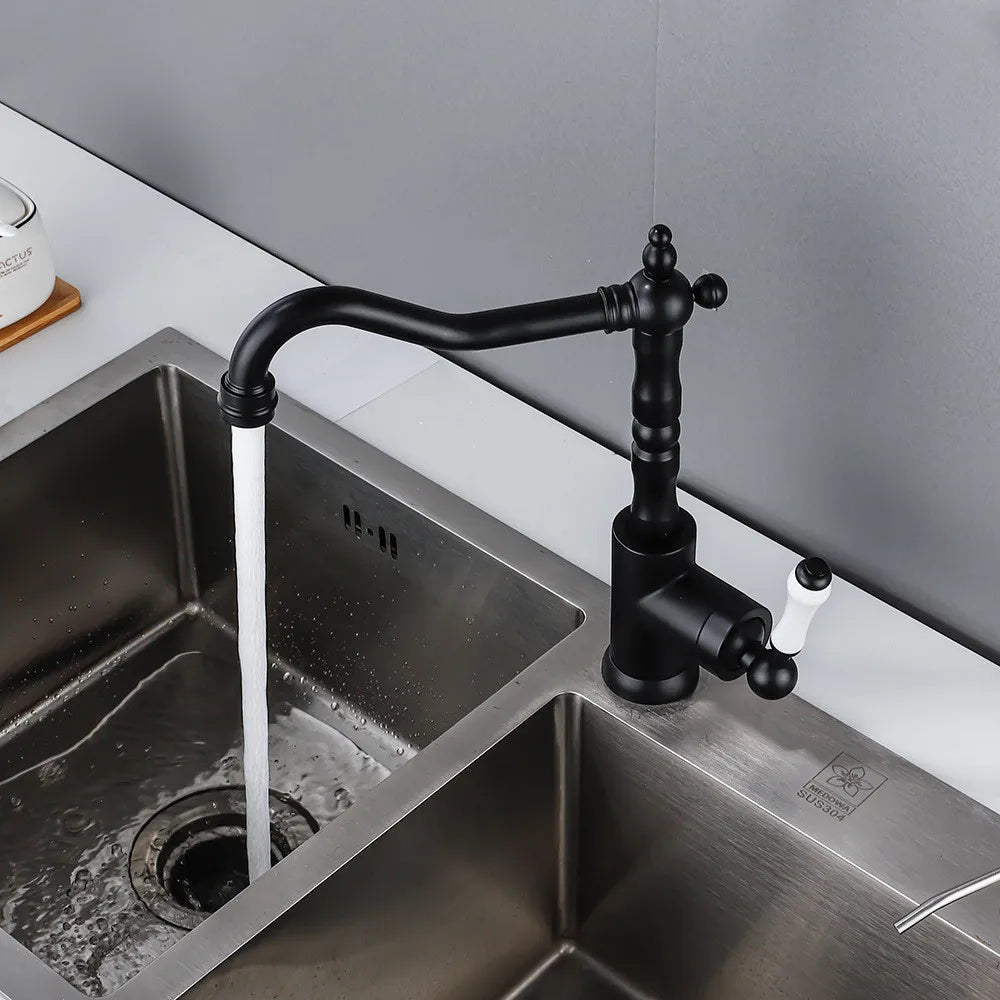 DecorBites™ Black Antique Kitchen Faucet Single Lever Mixer Tap Hot Cold Water Chrome