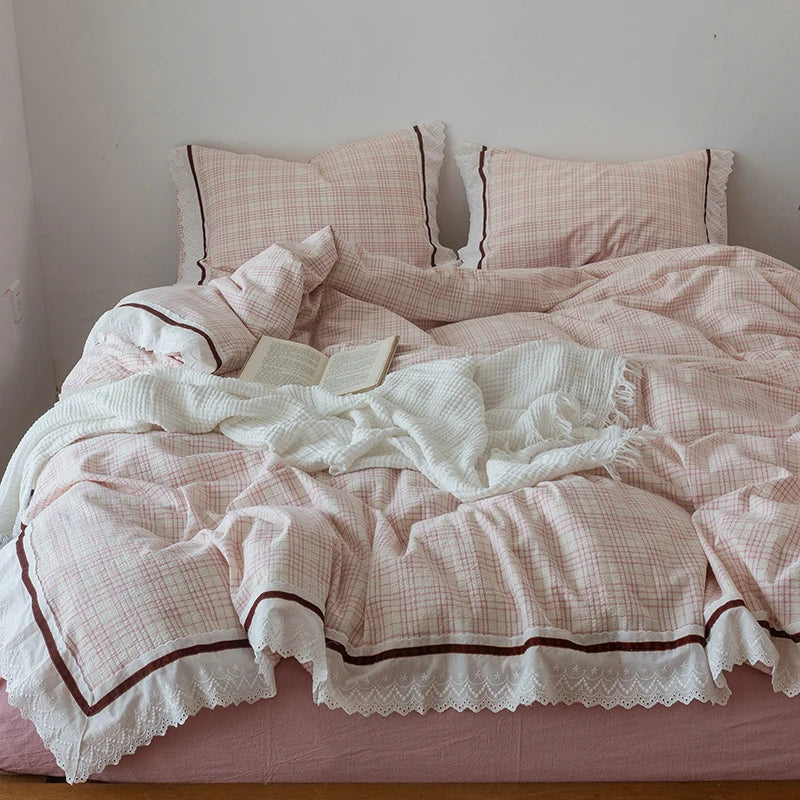 DecorBites™ Korean Seersucker Lace Ruffles Bedding Set for Girls