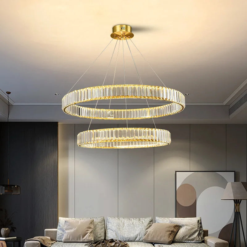 DecorBites™ Gold Crystal Round Ring Chandeliers with LED Pendant Light for Ceiling Lighting