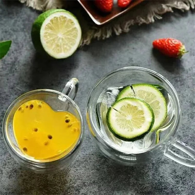DecorBites™ Heart Love Double Wall Glass Mug with Handle for Coffee Tea Milk Juice