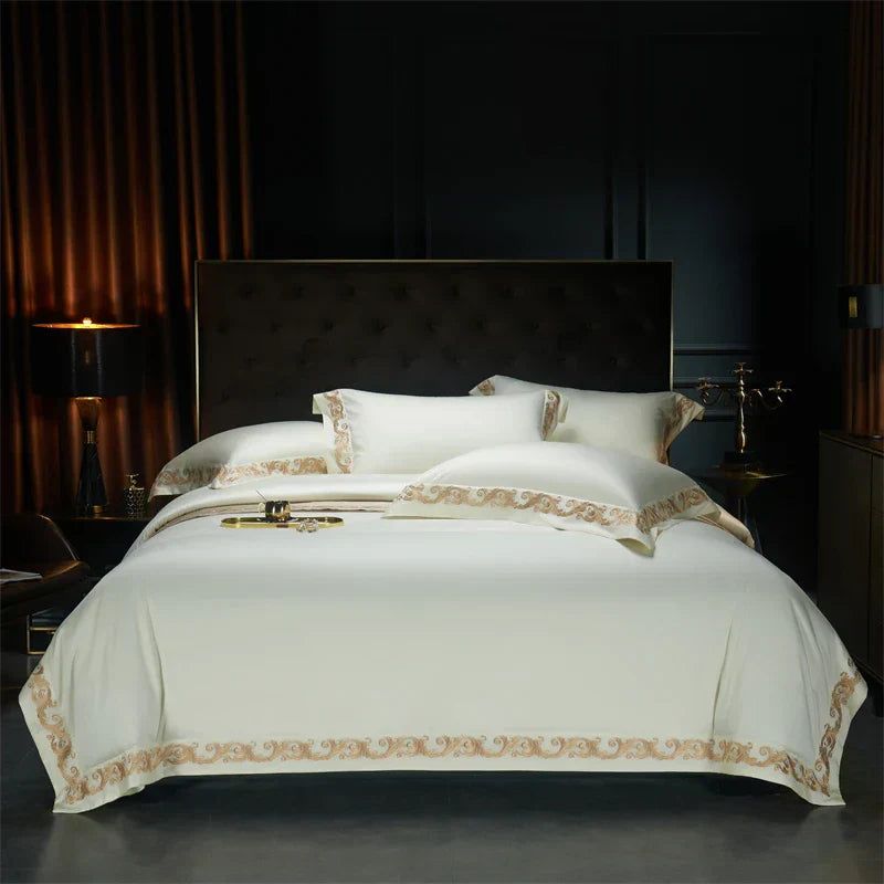 DecorBites™ Luxe Gold Embroidery 1400TC Egyptian Cotton Queen King Bedding Set