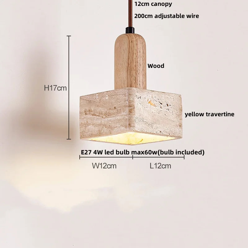 DecorBites™ LED Pendant Lamp Yellow Travertine Stone Wood Nordic Modern Hanging Light