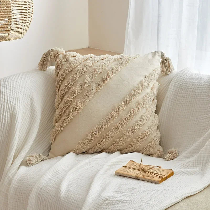 DecorBites™ Geometric Tufted Tassel Cushion Cover Cotton Canvas Fall Pillow Cover