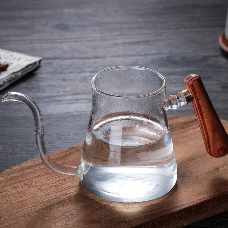DecorBites™ Glass Goose Beak Kettle | Stainless Steel | Wooden Handle
