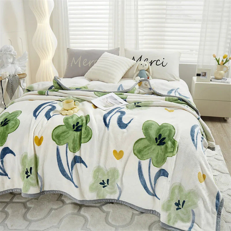 DecorBites™ Cozy Flannel Blanket for All Seasons: Double-Sided Velvet Bed Cover, Single Double