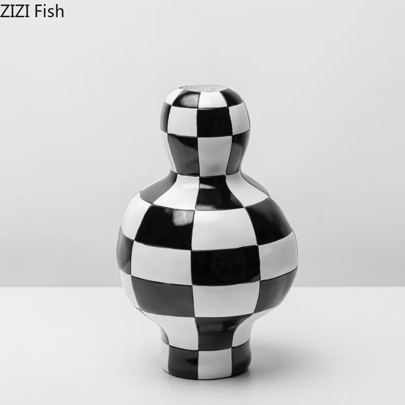 DecorBites™ Black White Check Vase Modern Crafts Room Decor Irregular Shaped Desk Decoration