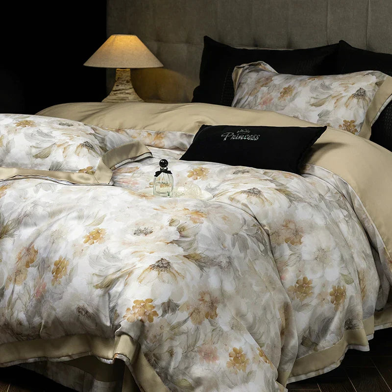 DecorBites™ Eucalyptus Fiber Floral Print Bedding Set: Duvet, Sheet, Pillowcases - 4Pcs