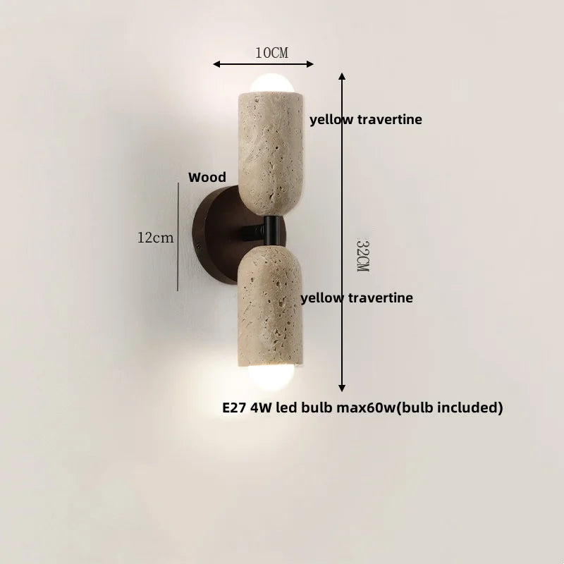 DecorBites™ LED Wall Light Fixture Travertine Stone Wood Canopy Bedside Lamp