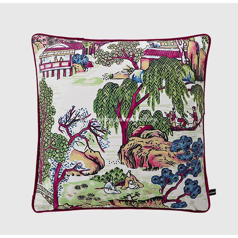 DecorBites™ Chinese City Landscape Velvet Lumbar Pillow Cover with Tassels, 30x50cm