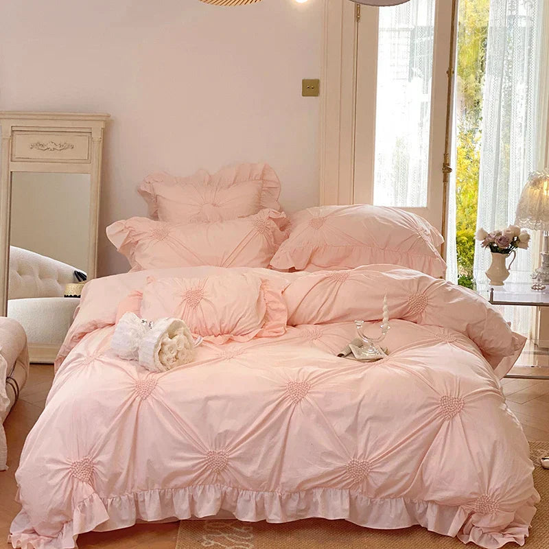 DecorBites™ Korean Princess Style Pure Cotton Bedding Set with Ruffles and Heart Pleat