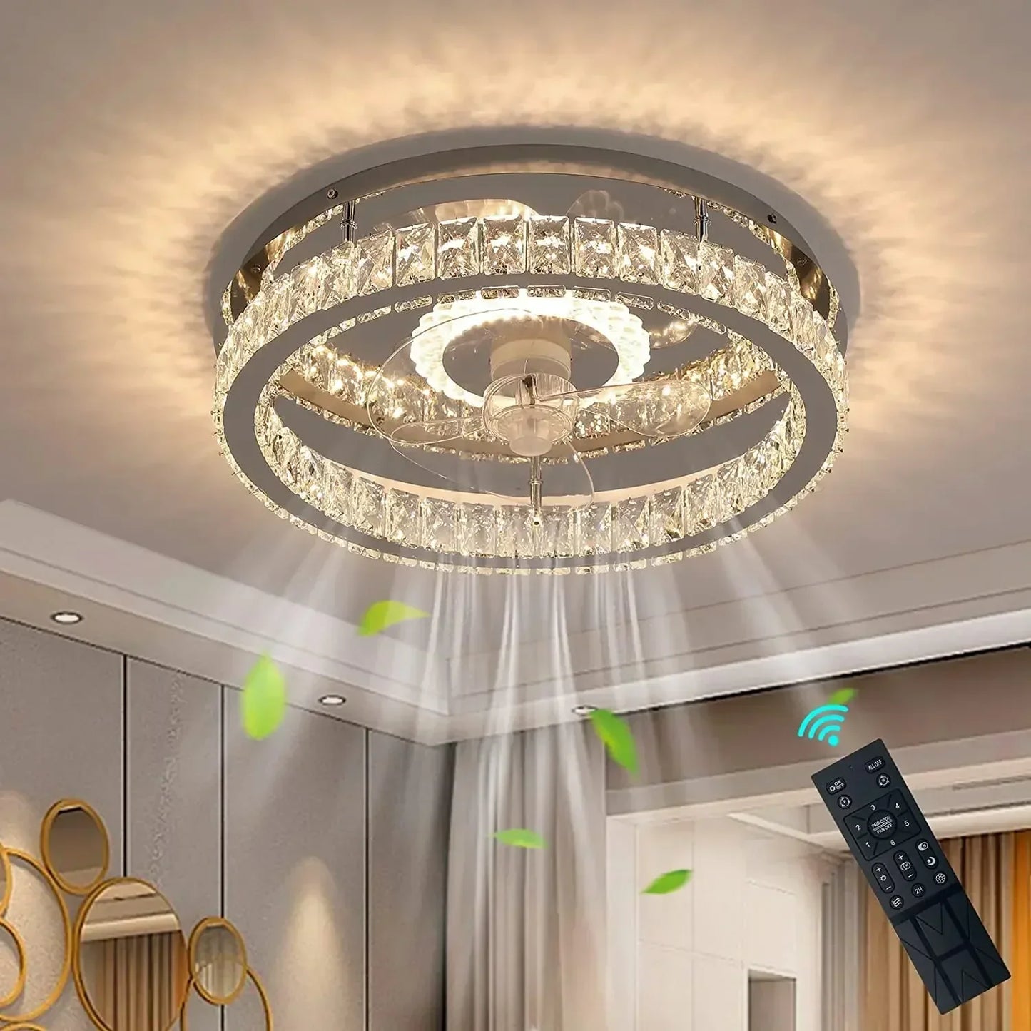 DecorBites™ Crystal LED Ceiling Fan with Remote Control Flush Mount Profile