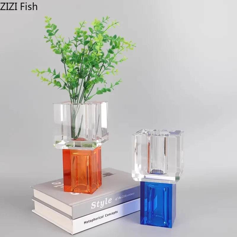DecorBites™ Geometric Square Glass Vase Artificial Flowers Modern Floral Arrangement