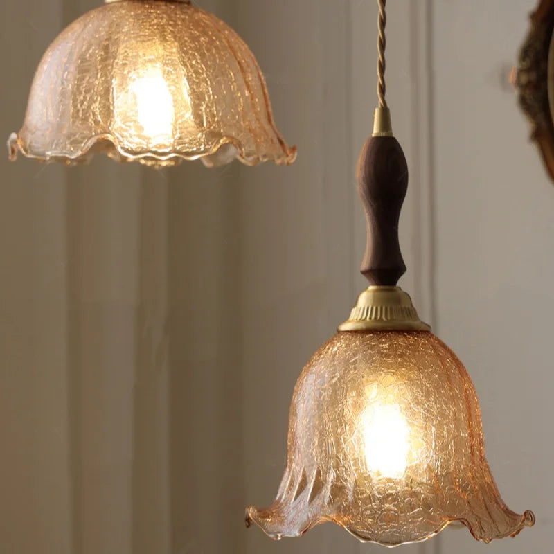 DecorBites™ Amber Glass LED Pendant Lamp Walnut Wood Copper Hanging Light