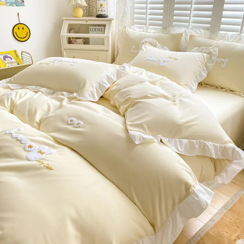 DecorBites™ Cartoon Princess Embroidered Cotton Bedding Set for Adult Girls