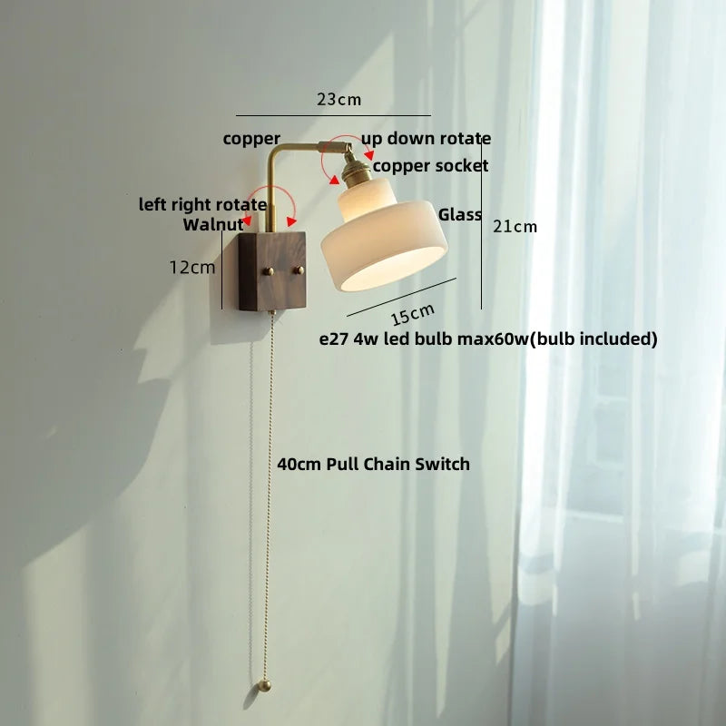 DecorBites™ LED Brass Walnut Wood Wall Sconce Rotate Glass Stair Light