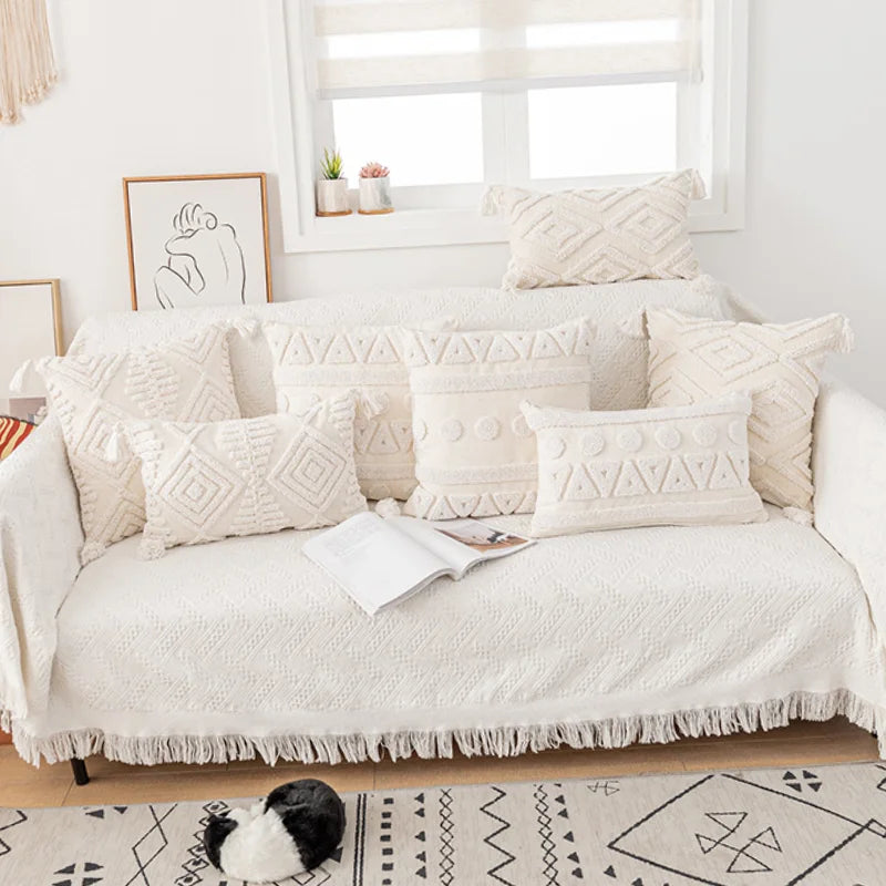 DecorBites™ Cotton Tassels White Cushion Covers 45x45/30x50cm - Square Geometry Pillowcase