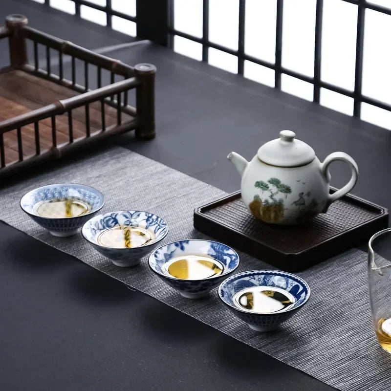 DecorBites™ Blue & White Ceramic Kung Fu Tea Cup, Japanese Style Porcelain Sake Espresso Mug