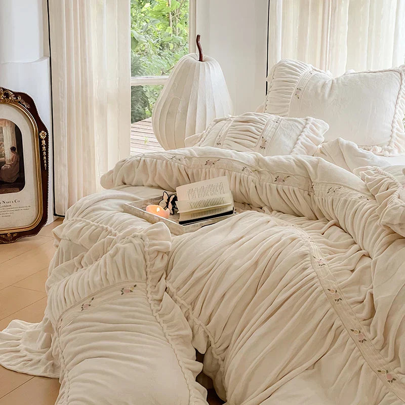 DecorBites™ French Pleat Lace Ruffles Bedding Set, Velvet Fleece Duvet Cover, Embroidered Flowers