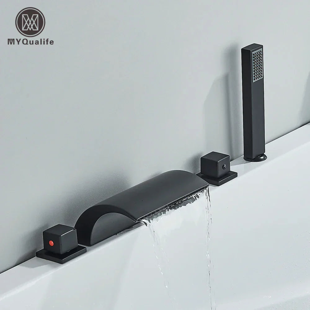 DecorBites™ Black Brass Waterfall Tub Faucet Three Handles Hot Cold Mixer